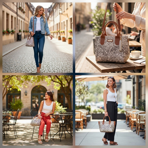 Brown Off White Zippered Floral Embossed Tooled Artisanal LEATHER Bag Purse - Picture 13 of 15